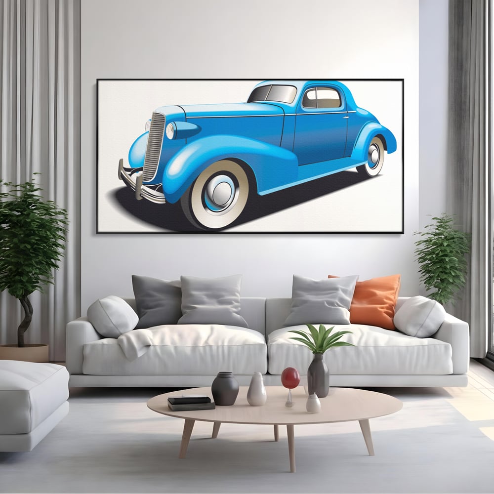 Tablou canvas cu ilustratie cu masina de epoca albastra, in rama de aluminiu negru, pe perete intr-un living